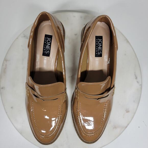 Jones New‎ York Cabeela Loafers Womens 10 Tan Faux Patent Leather Chunky Heels - Picture 12 of 16